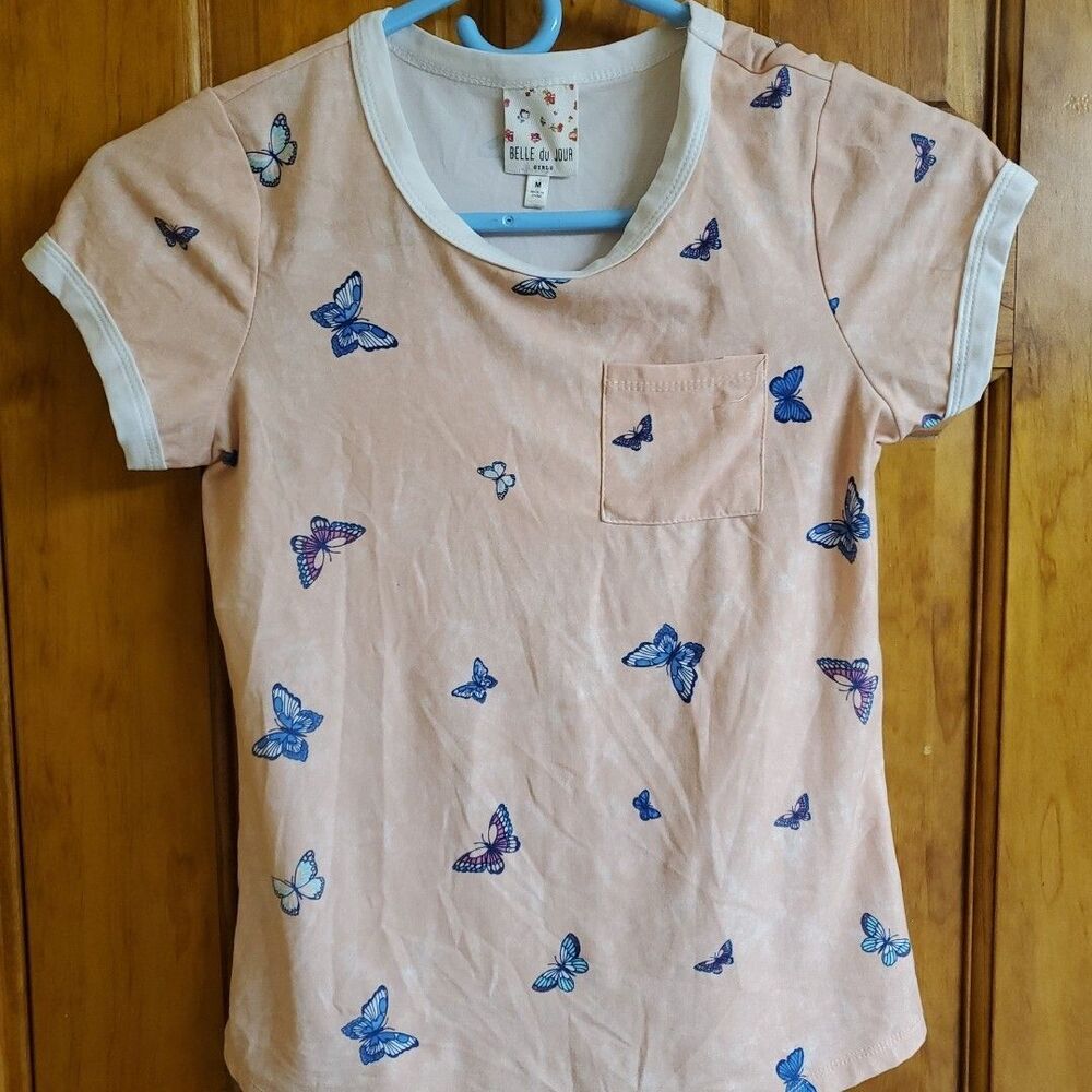 Belle du Jour Medium T-Shirt Girls Peach Butterfly Ringer Pocket Tee Casual Top